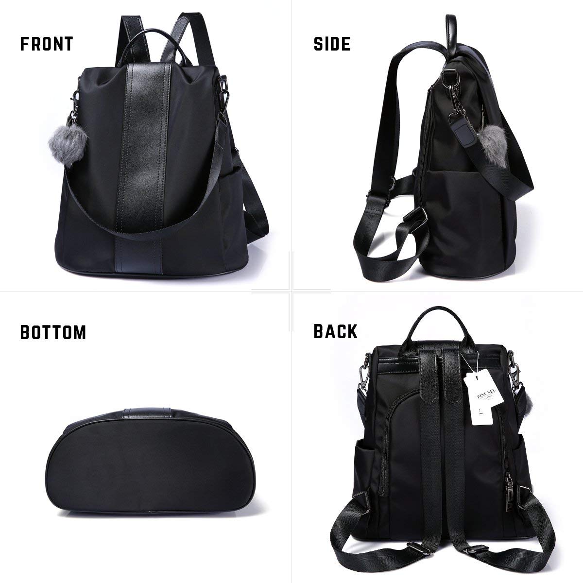 PINCNEL Women’s Anti-Theft Backpack Purse – Waterproof Nylon & PU Leather Lightweight Travel Rucksack with Adjustable Straps (Black)