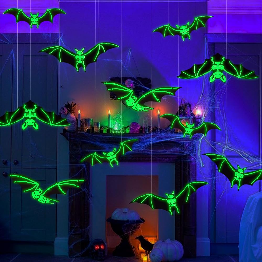 Halloween Glowing Hanging Bats – 12 Pack (Black, Glow-in-the-Dark Eyes)