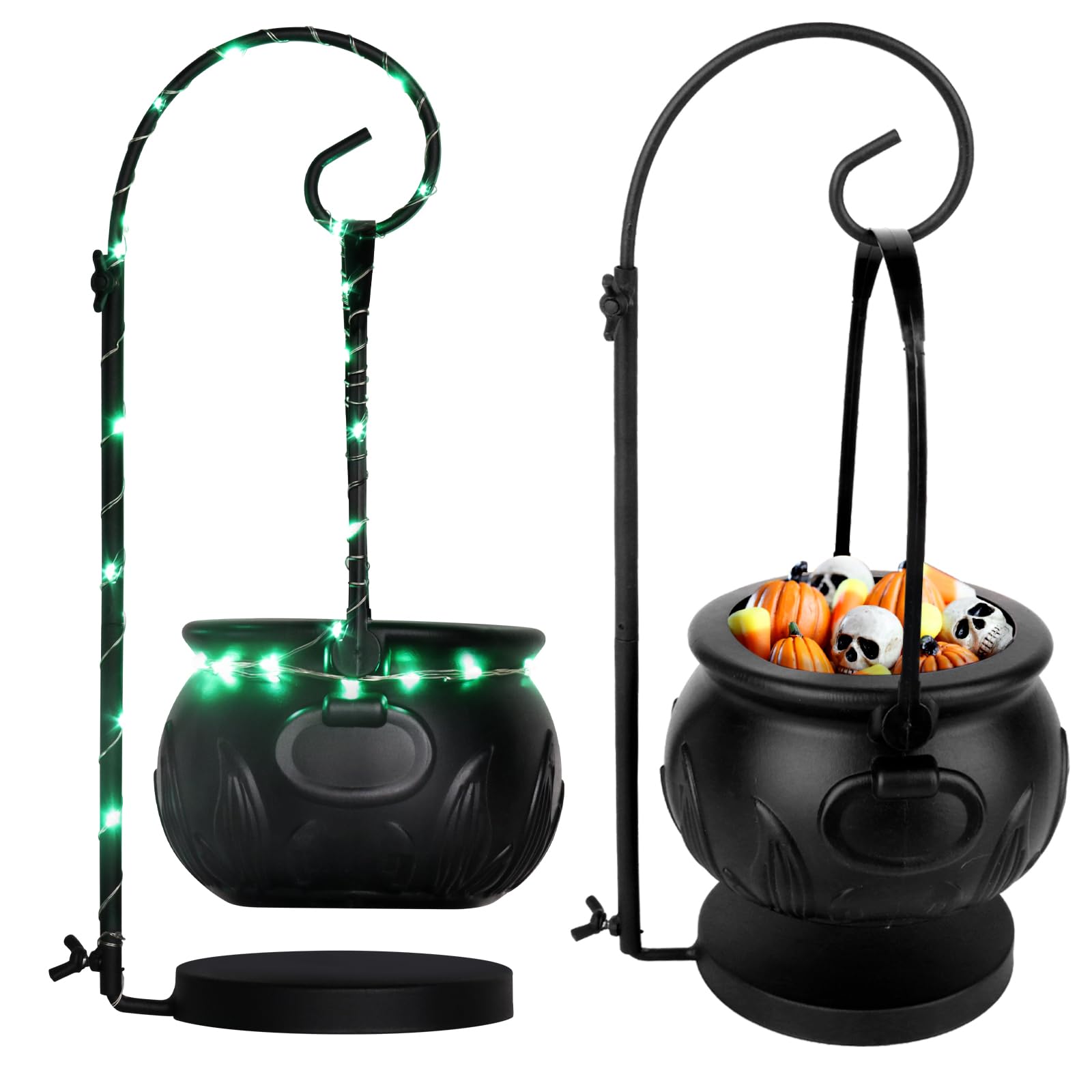 Witch Cauldron Candy Bowl with Light & Stand – 8” Black Halloween Pot Decoration