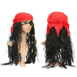 Black Pirate Wig with Red Bandana & Skull Eye Patch – Adult & Kids Halloween Pirate Costume Accessory Set