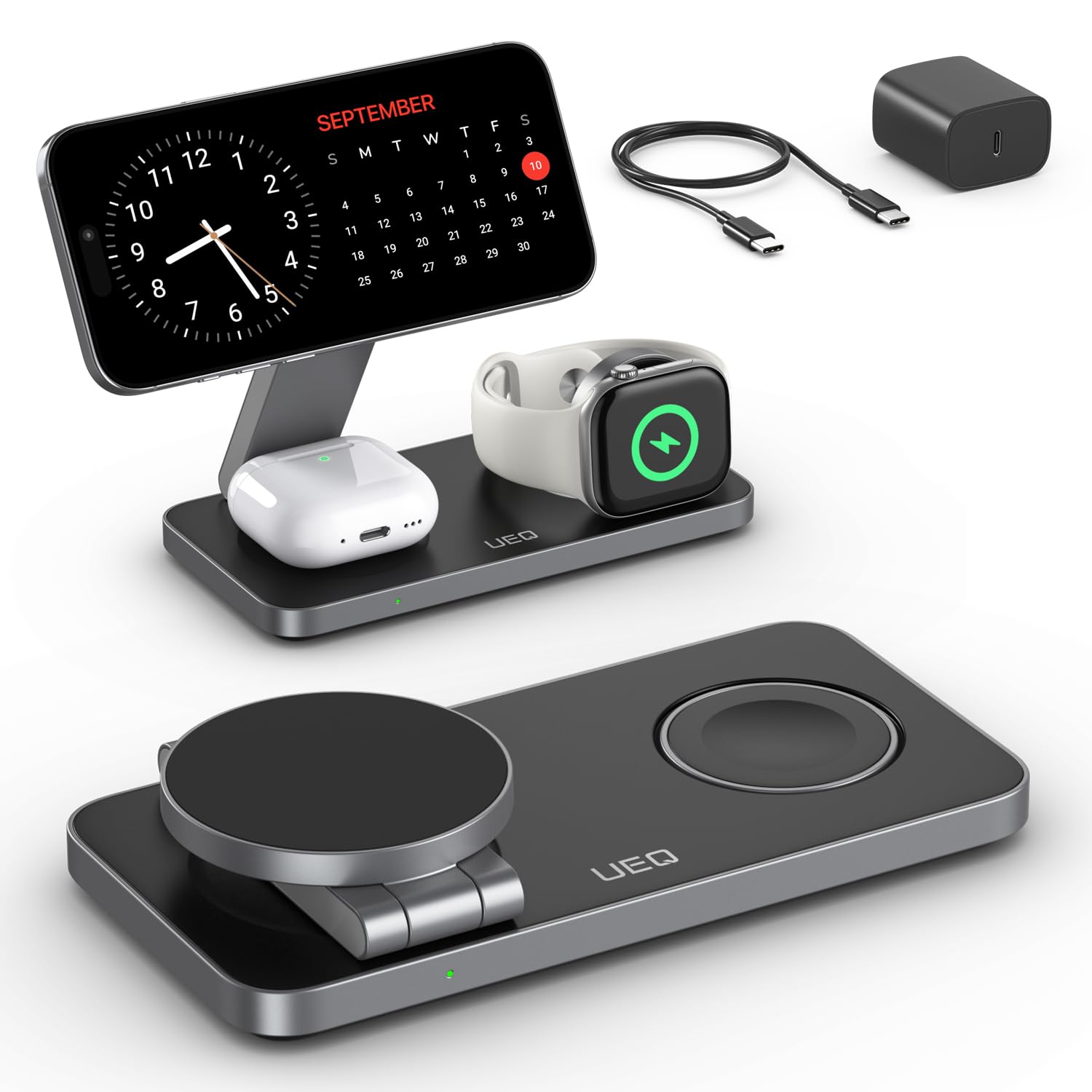 3-in-1 Magnetic Wireless Charging Station for iPhone, Apple Watch & AirPods – Foldable MagSafe Compatible Fast Charger Stand (Carbon Black)