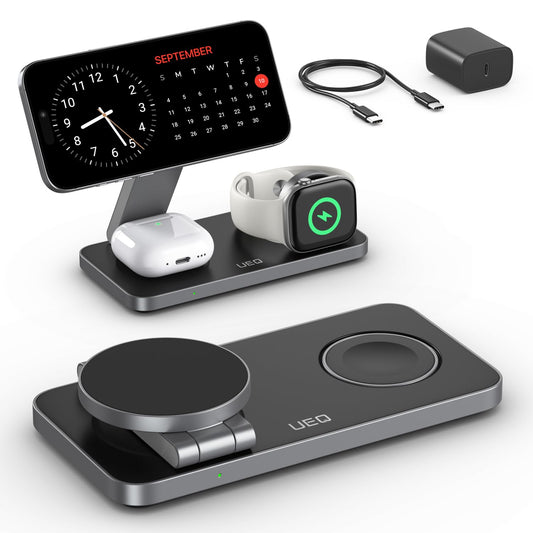 3-in-1 Magnetic Wireless Charging Station for iPhone, Apple Watch & AirPods – Foldable MagSafe Compatible Fast Charger Stand (Carbon Black)