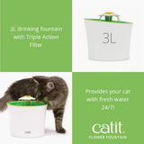 Catit Flower Cat Water Fountain 3L with Triple Action Filter, Ultra Quiet Pump & Multi-Flow Hydration System – BPA-Free Green Pet Fountain