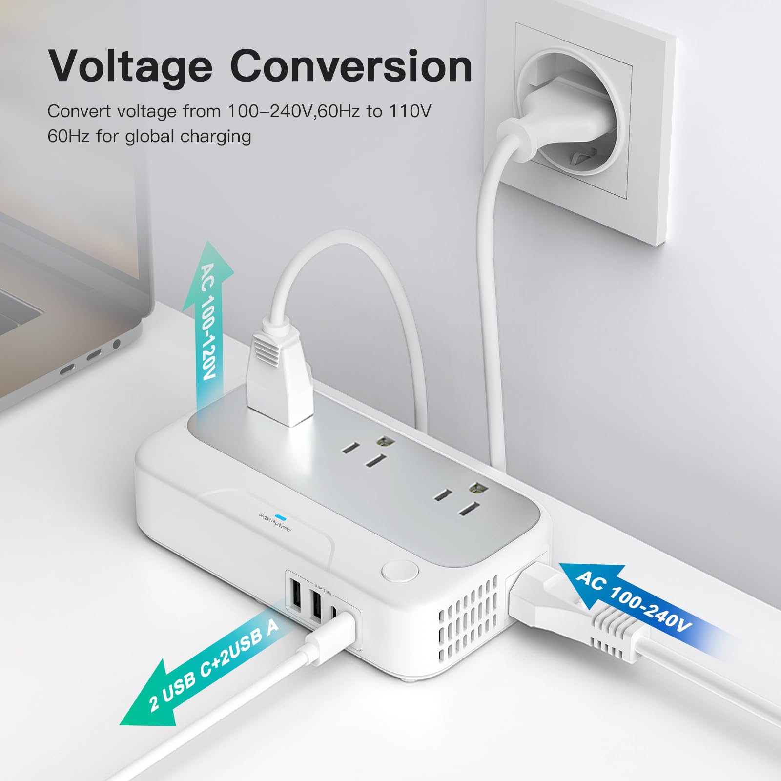 250W Universal Voltage Converter – US to Europe 220V to 110V Travel Power Converter with Worldwide Plug Set (White)