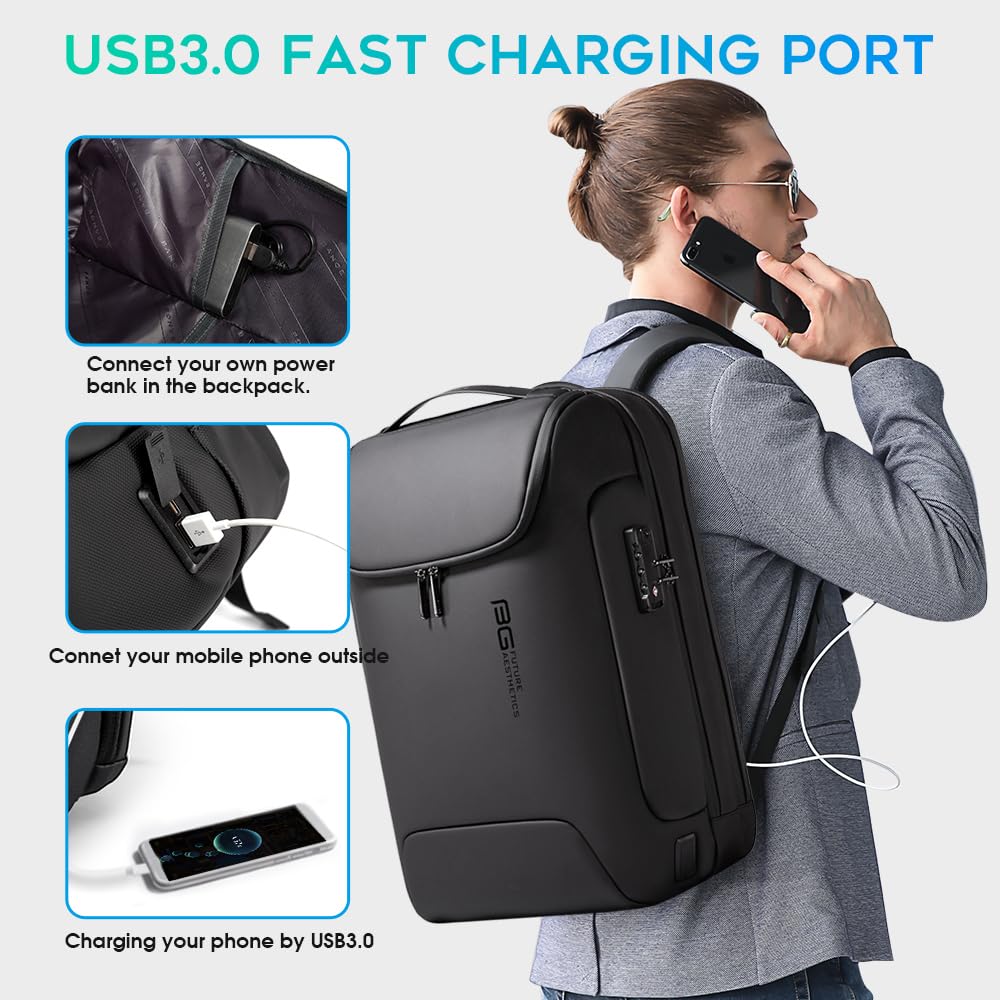BANGE Anti-Theft Business Laptop Backpack – Waterproof Travel Backpack with USB 3.0 Fast Charging, Fits 17.3” Notebooks (Black)