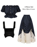 Blue 3-Piece Renaissance Pirate Costume Set – Medieval Steampunk Dress with Corset Vest & High-Low Skirt