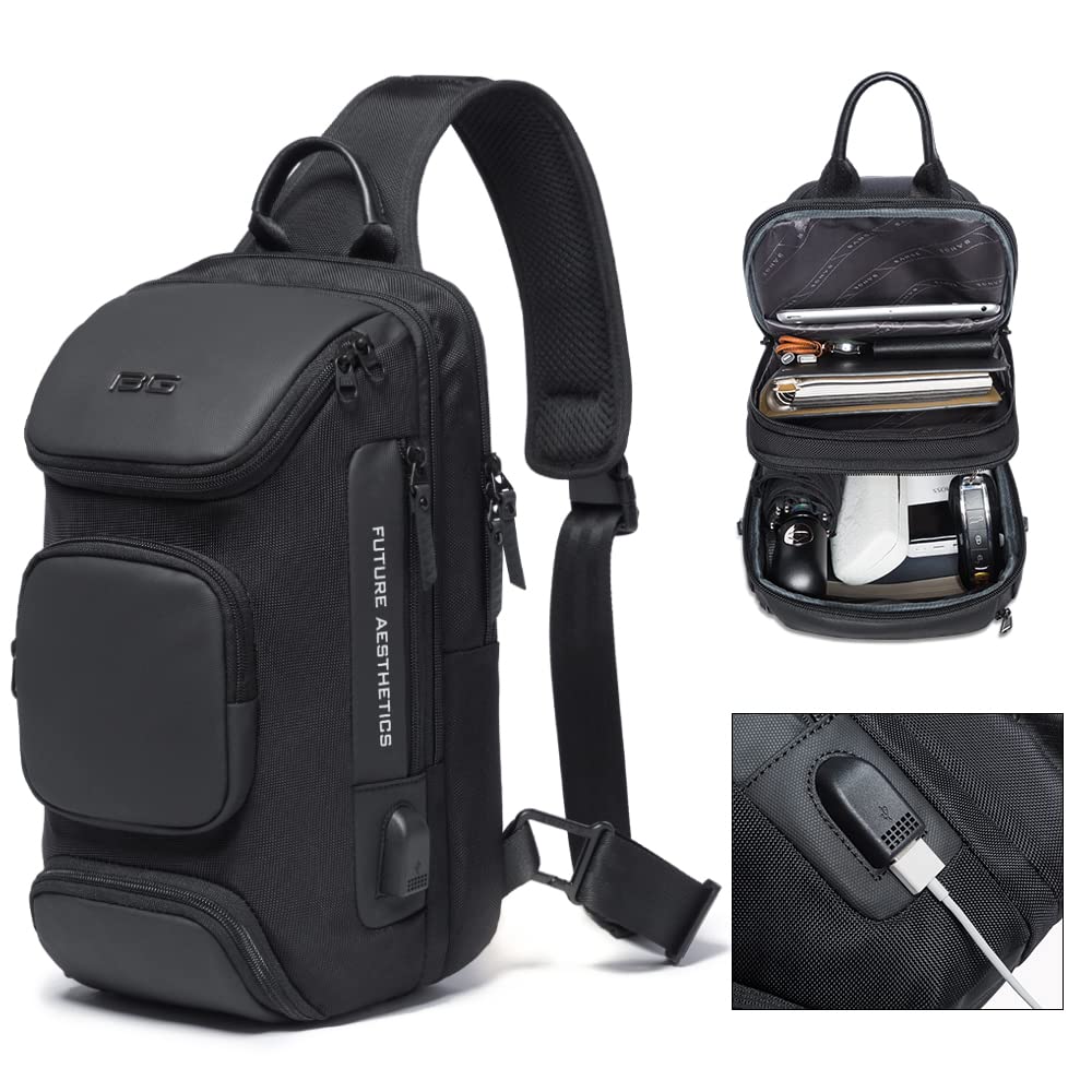 BANGE Waterproof Sling Bag with USB Charging Port – Lightweight Crossbody Chest Backpack for Men (Black)