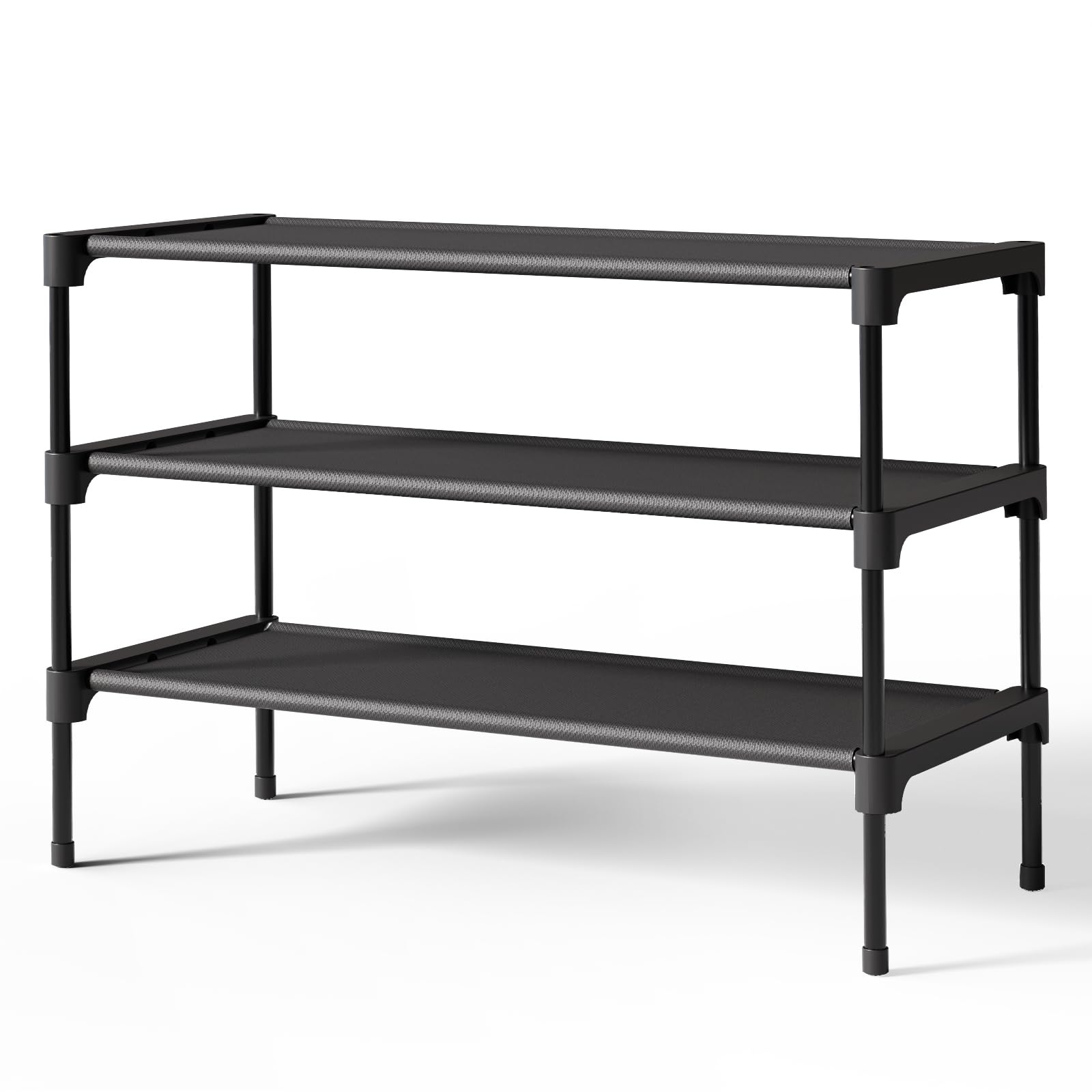 KITSURE 3-Tier Stackable Shoe Rack – Non-Woven Shelf Shoe Organizer for Closet, Entryway & Garage (27.5”, Black)