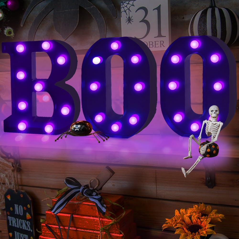 Halloween “BOO” LED Marquee Letters – Black Shell with Purple Glow, 3-Pack Spooky Light-Up Signs for Indoor & Outdoor Décor