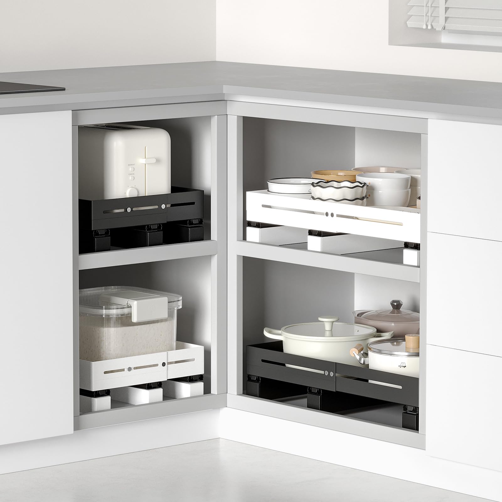 AMZAGE Adjustable Pull-Out Cabinet Organizer with Raised Base – No-Drill Slide-Out Drawer for Framed Cabinets (White)