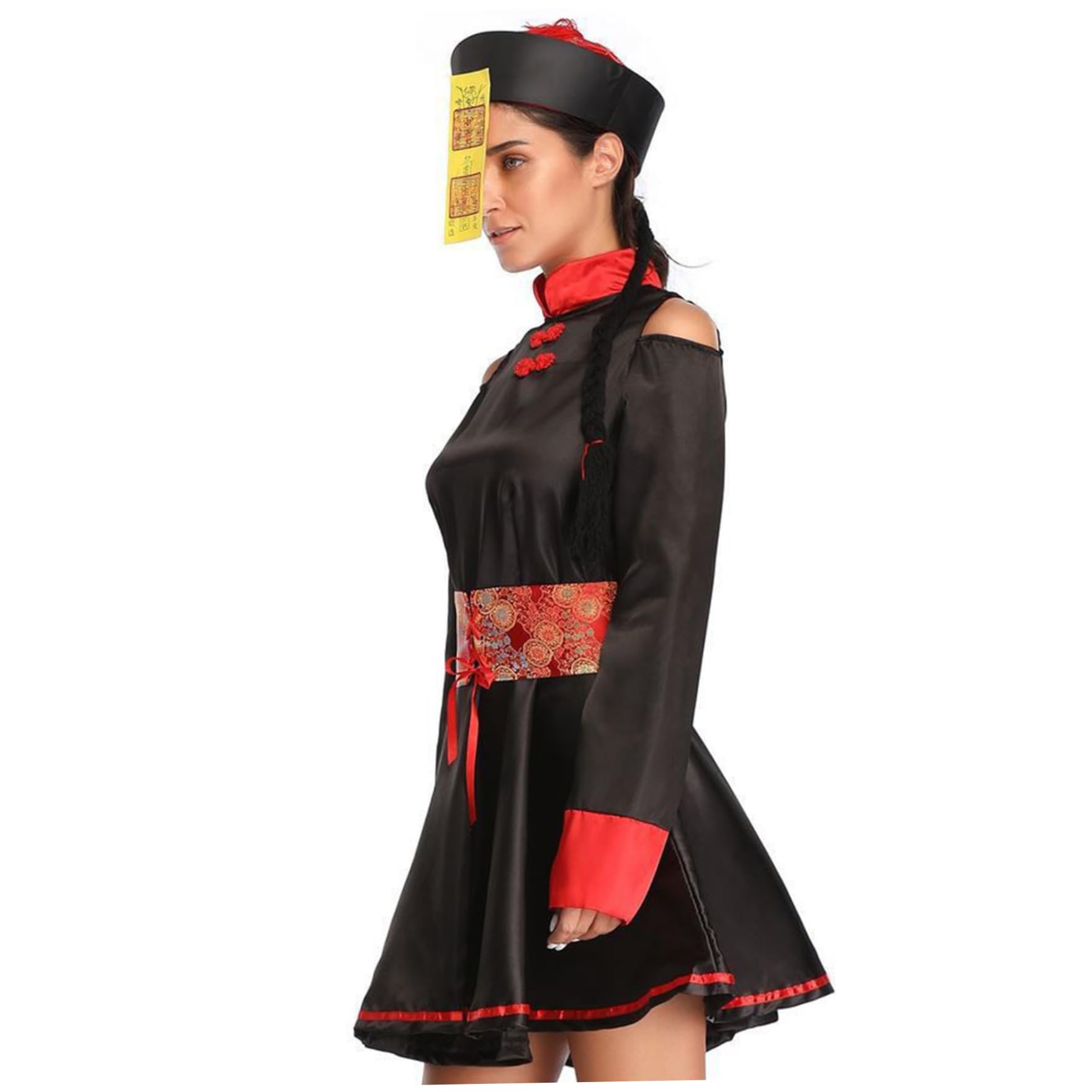 Chinese Zombie Costume for Women – Classic Dynasty-Inspired Halloween Cosplay Set (Robe, Hat, Belt & Rune Strip)