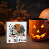 Happy Halloween Wooden Sign – Cute 5x5” Pink Boo Decor with Pumpkin, Bat & Dog Design for Home or Office