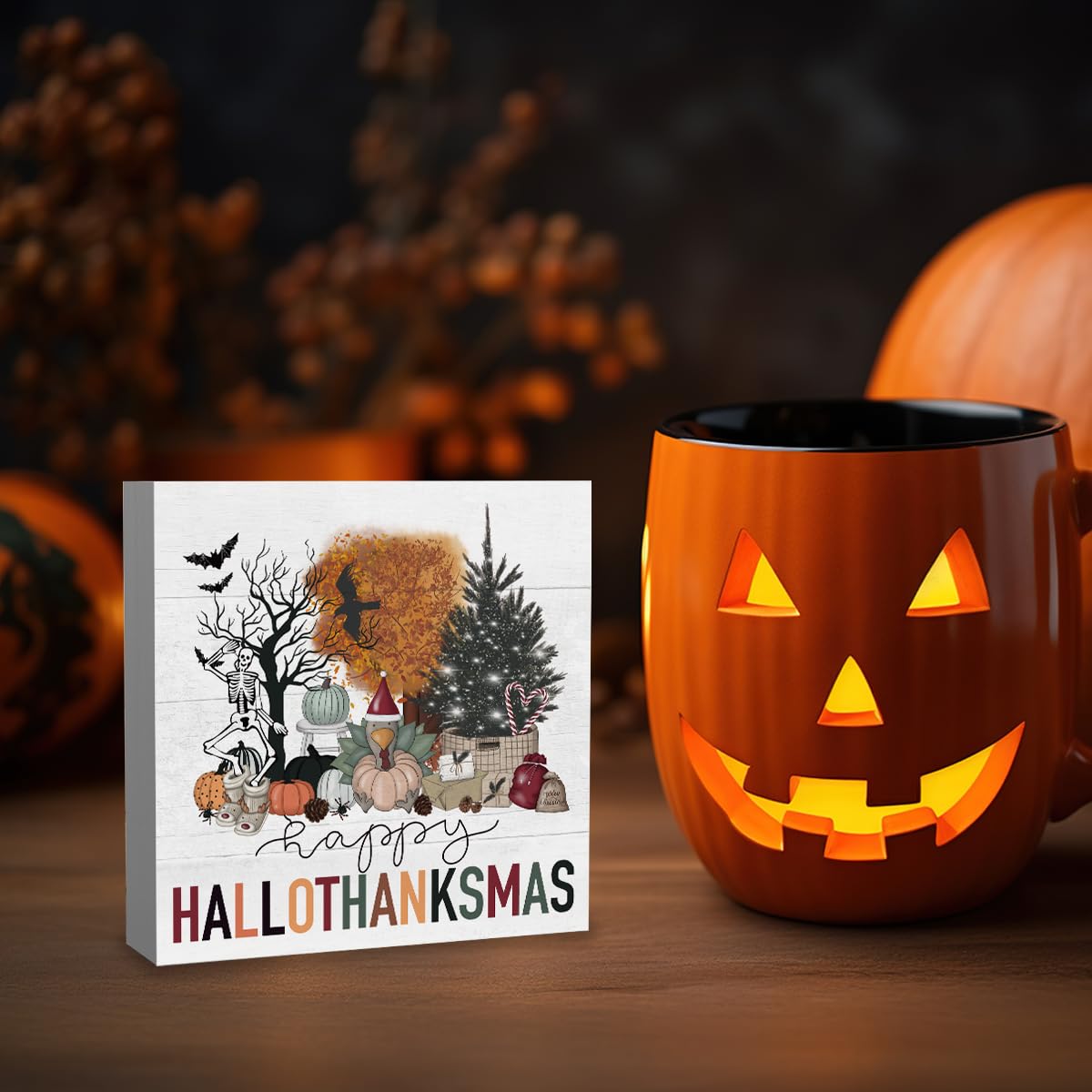 Happy Halloween Wooden Sign – Cute 5x5” Pink Boo Decor with Pumpkin, Bat & Dog Design for Home or Office