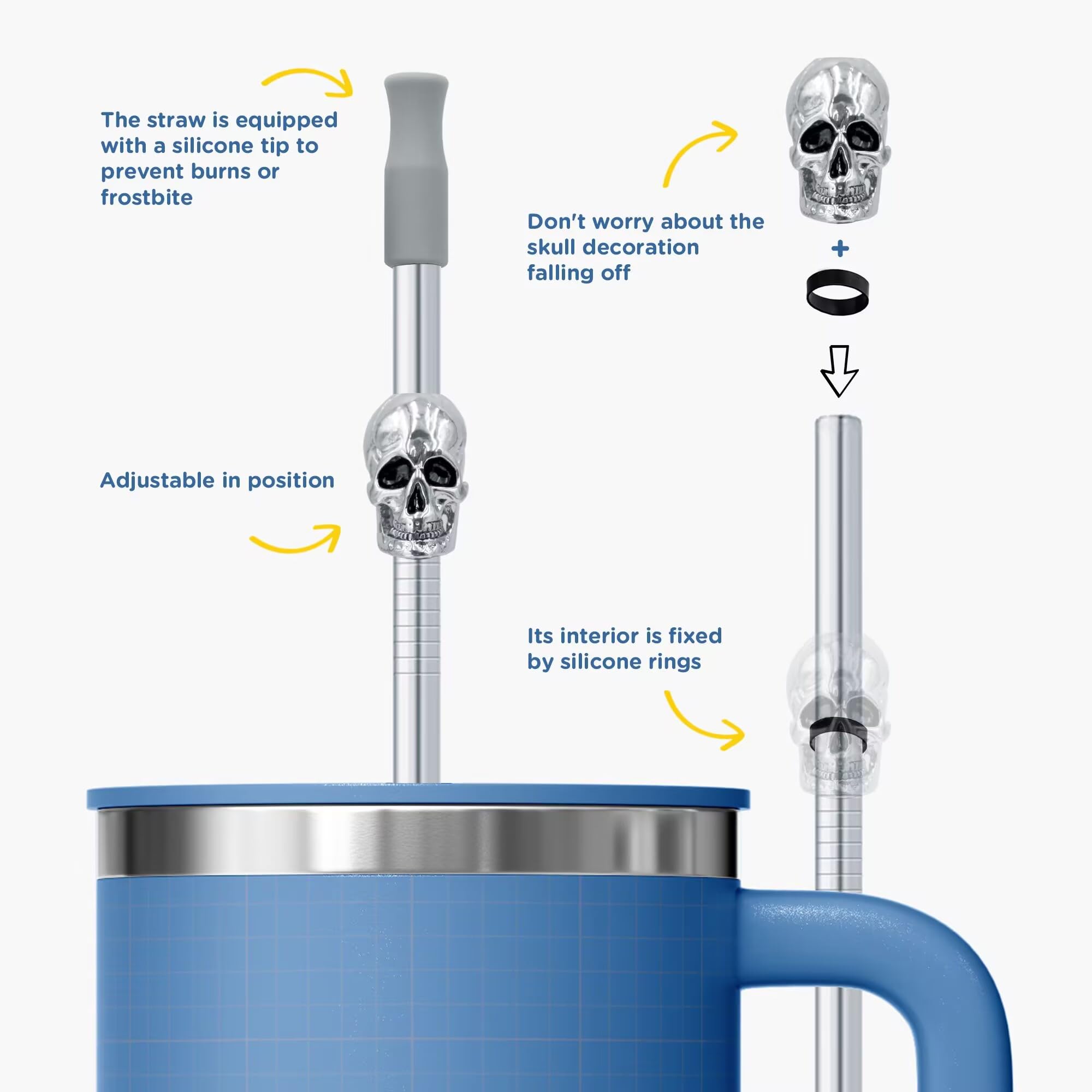 Stainless Steel Skull Straw Set – 10.5” Reusable Silver Black Straws (4PCS + Cleaning Brush + Carry Bag)