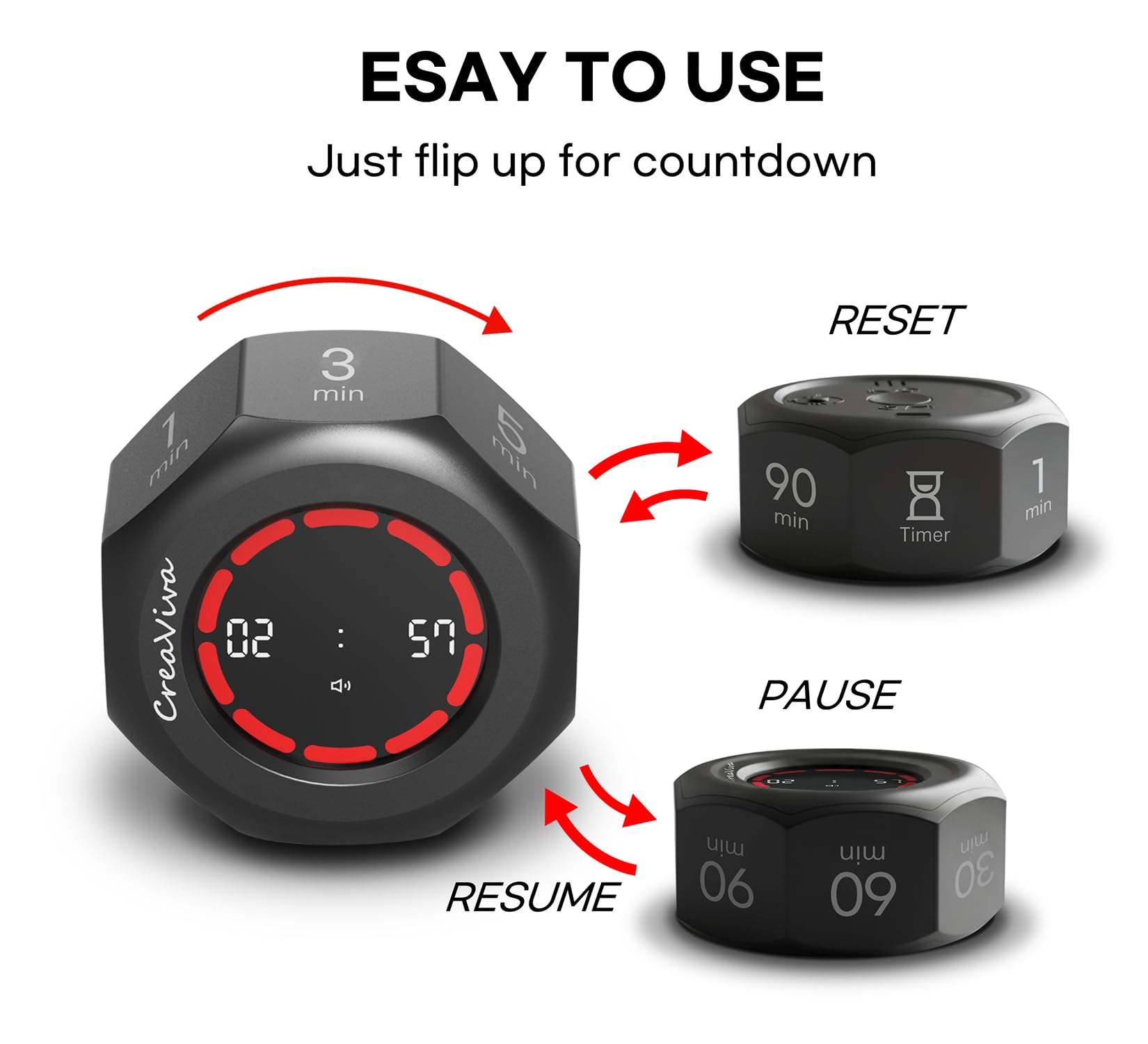 CREAVIVA Space Grey Flip Cube Pomodoro Timer with Visual Progress Bar, Silent Modes & USB-C Rechargeable Power