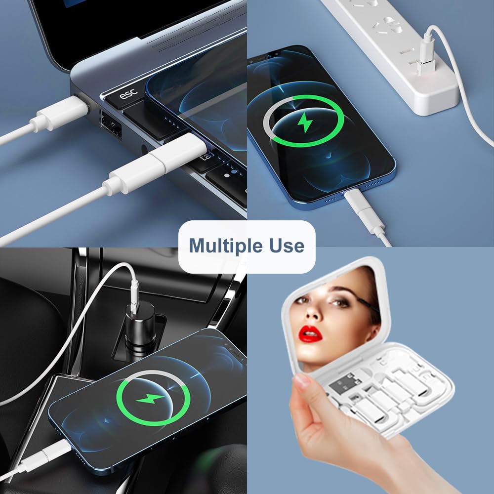 Portable USB-C Adapter Travel Kit with Mirror – Multi Cable Organizer with SIM Card Storage