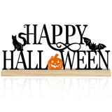 Metal Happy Halloween Table Sign – Black & Orange Desktop Decoration with Wooden Base (Multi-Color)