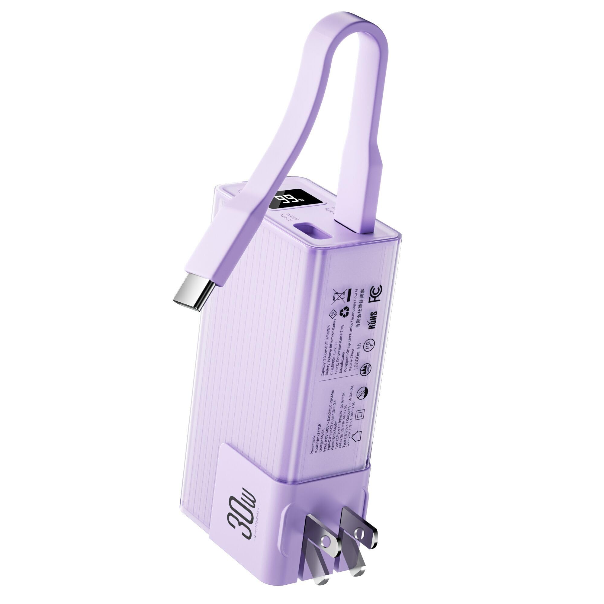Miady 10000mAh Portable Charger PD 30W with Built-in USB-C Cable & Foldable Wall Plug, Compact Fast Charging Power Bank for iPhone & Android – Purple