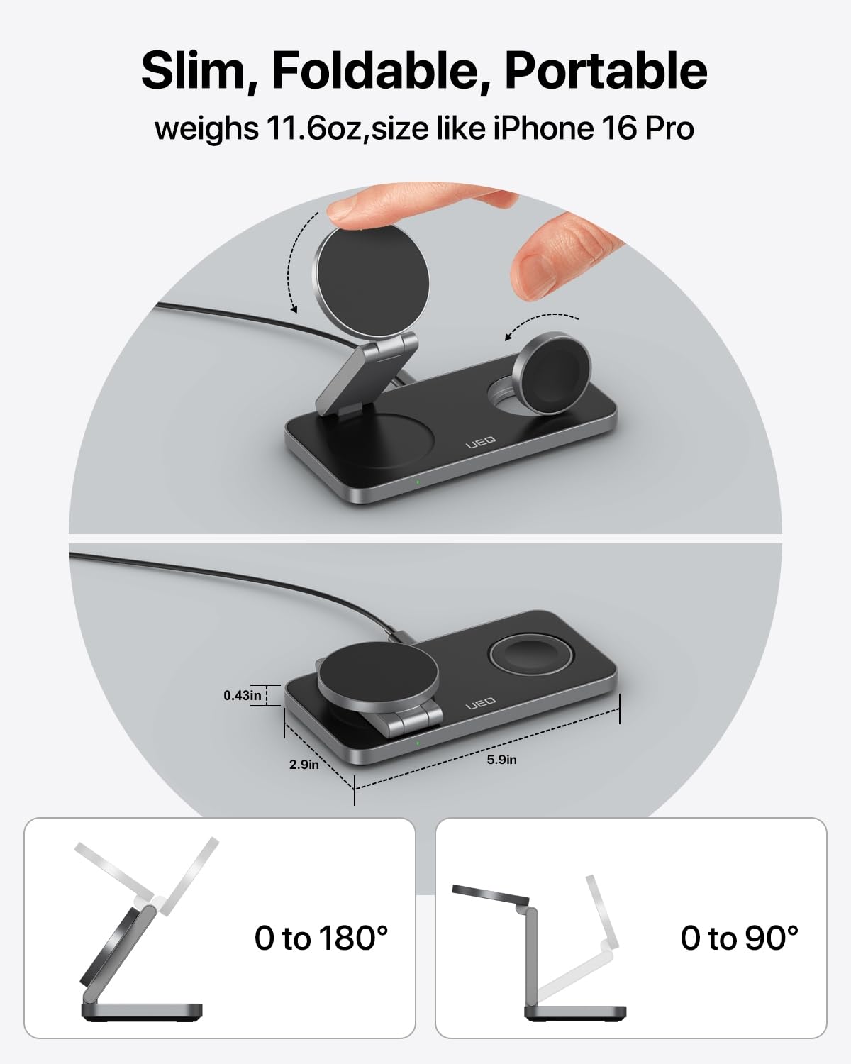3-in-1 Magnetic Wireless Charging Station for iPhone, Apple Watch & AirPods – Foldable MagSafe Compatible Fast Charger Stand (Carbon Black)