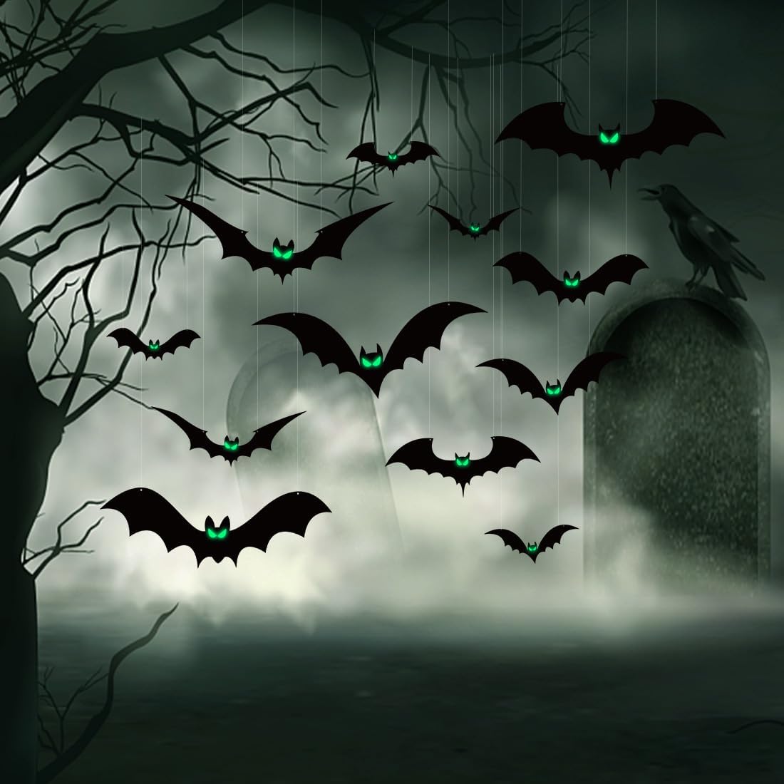 Halloween Hanging Bats Decorations – 20 PCS Set with Glowing Eyes & Fishing Line (3 Sizes Included)