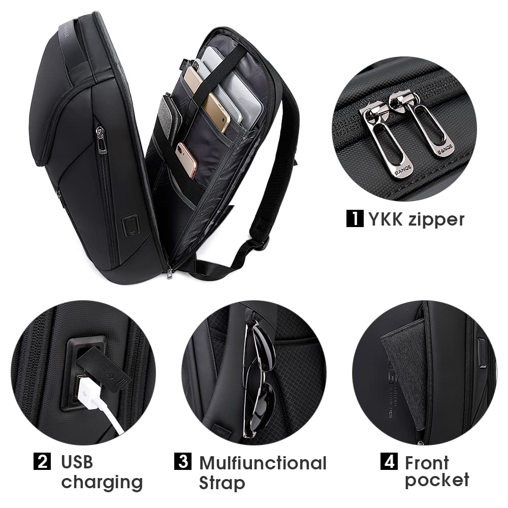 BANGE Waterproof Smart Laptop Backpack – 180° Open Business Travel Backpack with USB Charging Port for 15.6” Laptops (Black)