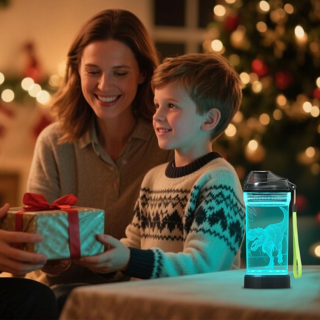 14 oz Kids Dinosaur Light-Up Water Bottle – BPA-Free Leakproof Tritan School Bottle with Carry Strap