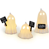 Ceramic Lighted Halloween Ghost Figurines – Set of 3 Cute White LED Ghosts with Signs “Boo”, “Spooky”, “Trick or Treat”