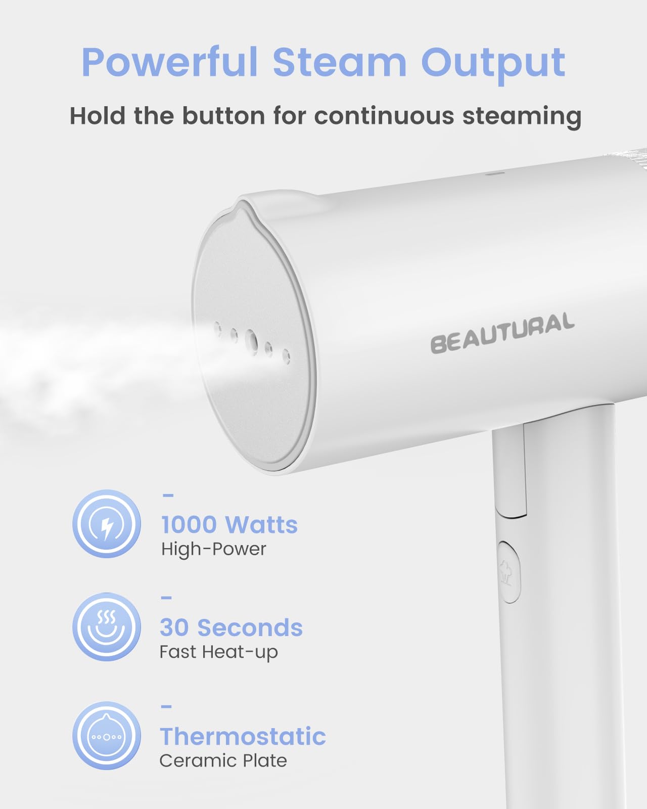 Beautural White Foldable Portable Garment Steamer 1000W Handheld Travel Steam Iron with Leak-Proof Multi-Angle System