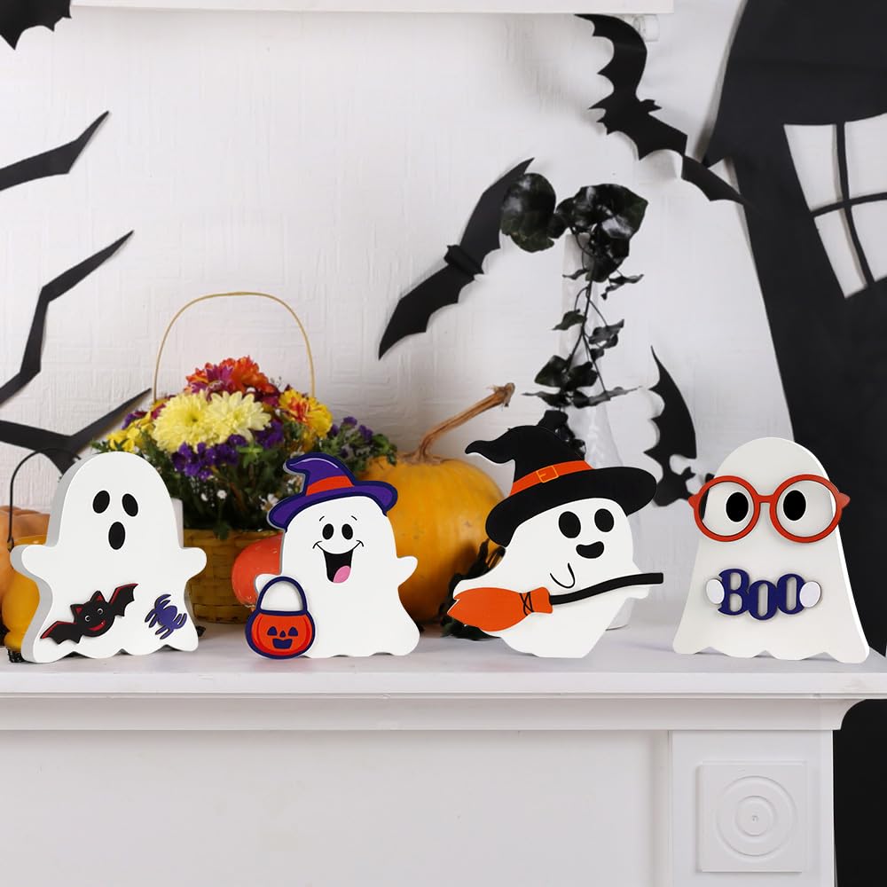 Halloween Wooden Ghost Decorations – 4 Pack Freestanding Colorful Tabletop Décor for Home, Coffee Bar & Fireplace Mantle