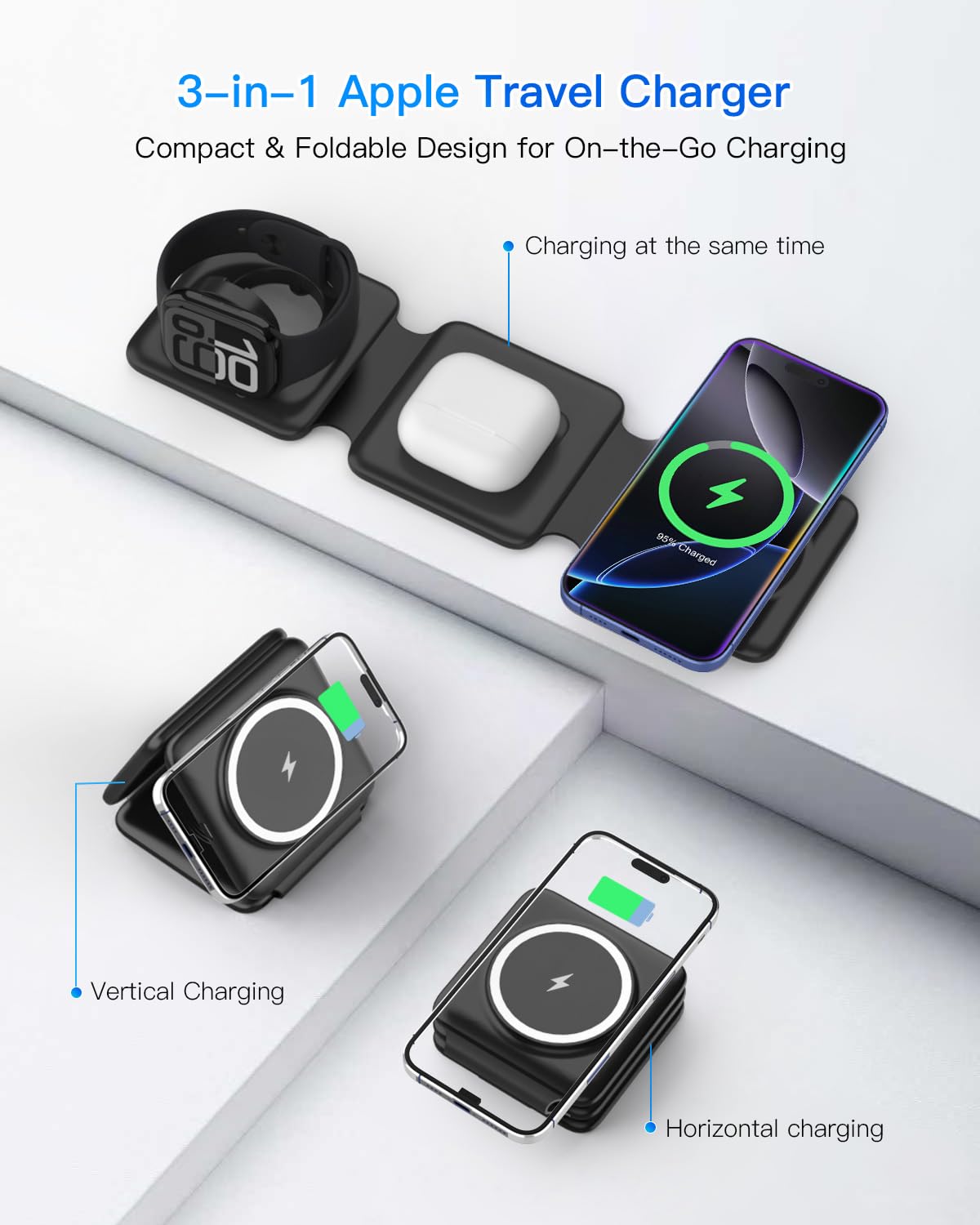 3-in-1 Foldable Magnetic Wireless Charging Station for iPhone, Apple Watch & AirPods
