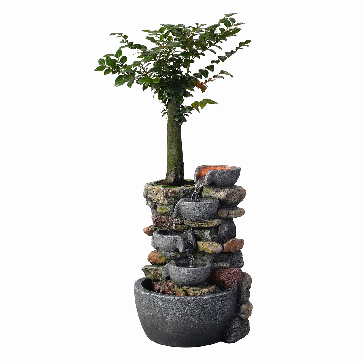 4-Bowl Rockery Tabletop Water Fountain with LED & Self-Watering Plant Pot (Indoor Zen Garden)