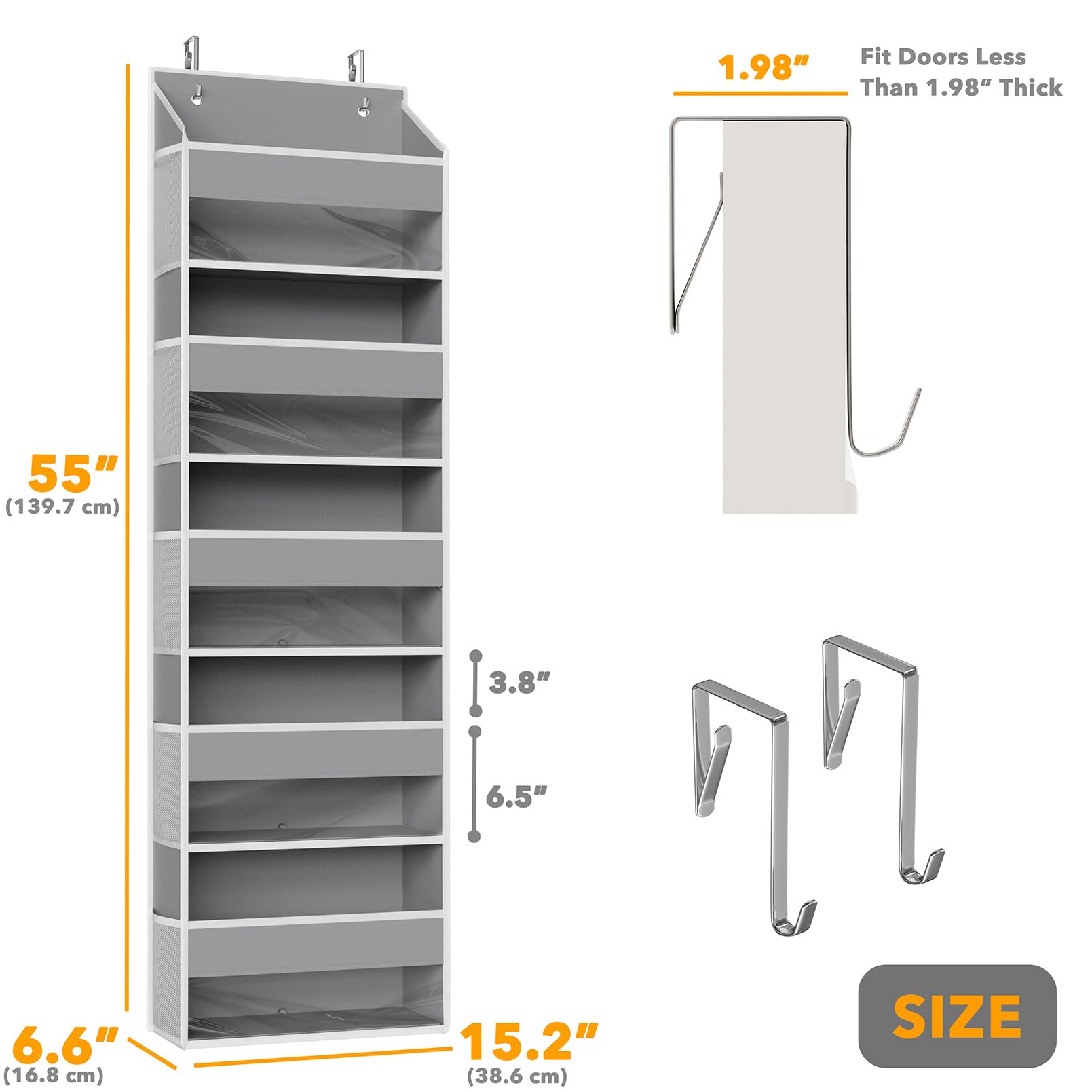SpaceAid Over-the-Door Hanging Organizer with Clear Pockets – 5-Tier Storage System with Mesh Side Pockets (Gray)