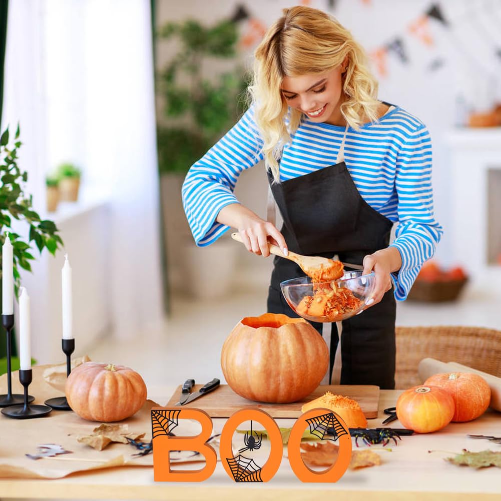 BOO Halloween Wooden Sign – Double-Sided Tabletop Decor with Metal Spiderwebs & Pumpkin Orange Letters