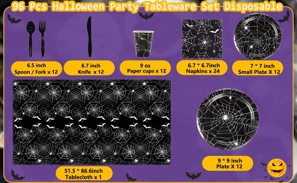 Halloween Party Supplies Set – 89 Pcs Black Spider Web Plates, Cups, Napkins & Tablecloth for Spooky Celebrations