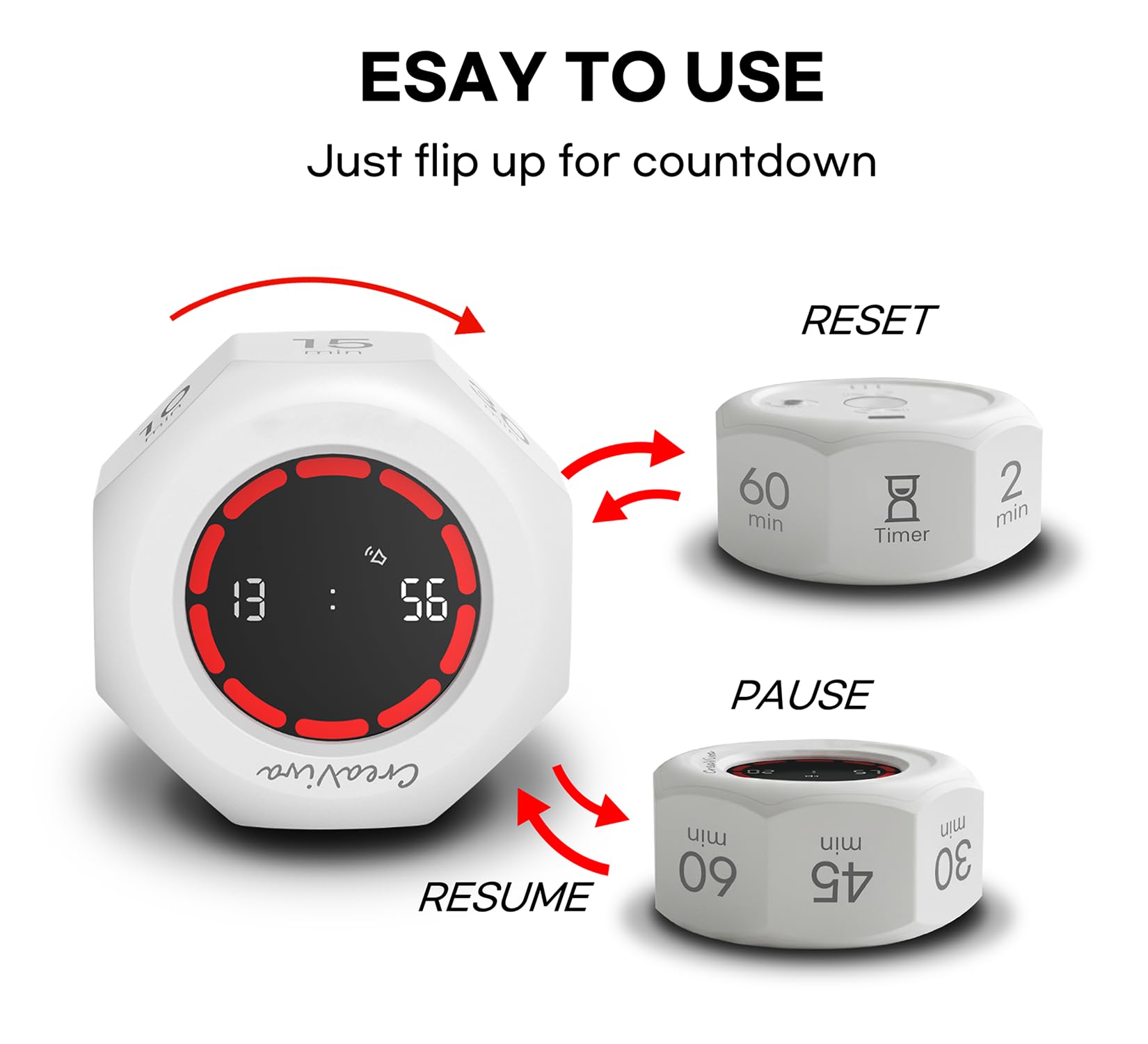 CREAVIVA Smart Flip Cube Pomodoro Timer with Visual Countdown, Stopwatch Mode & Triple Alarm Options – White