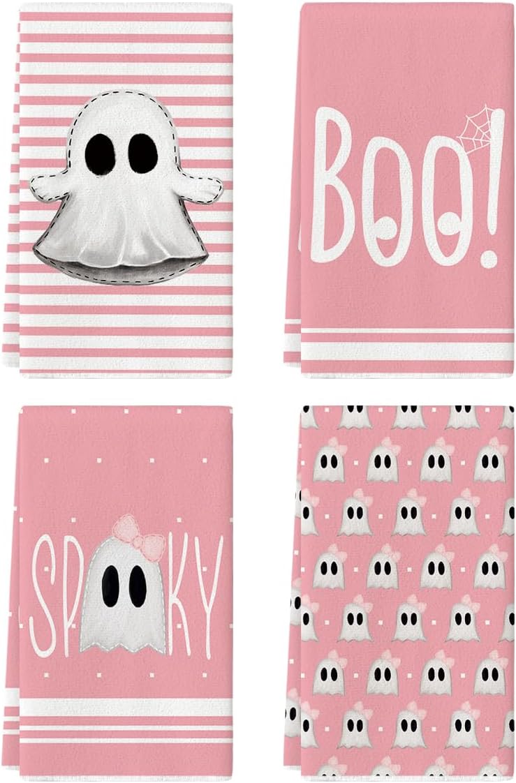 4PCS Pink Halloween Dish Towels – Soft, Absorbent & Durable Tea Towels for Festive Kitchen Decor (18x26 Inches)