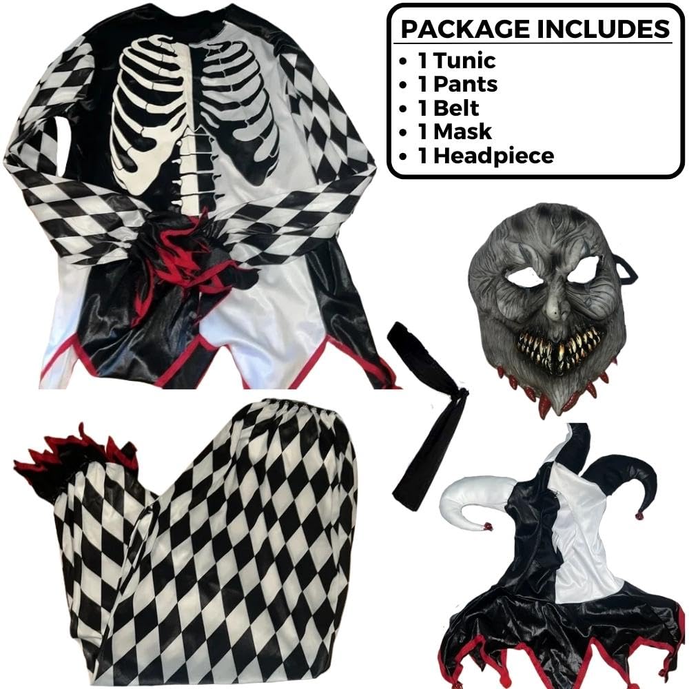 Kids Sinister Jester Costume – Black & White Multi-Piece Halloween Set with Mask, Headpiece, Tunic & Pants (Medium 8–10)