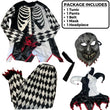 Kids Sinister Jester Costume – Black & White Multi-Piece Halloween Set with Mask, Headpiece, Tunic & Pants (Medium 8–10)
