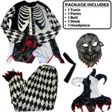 Kids Sinister Jester Costume – Black & White Multi-Piece Halloween Set with Mask, Headpiece, Tunic & Pants (Medium 8–10)