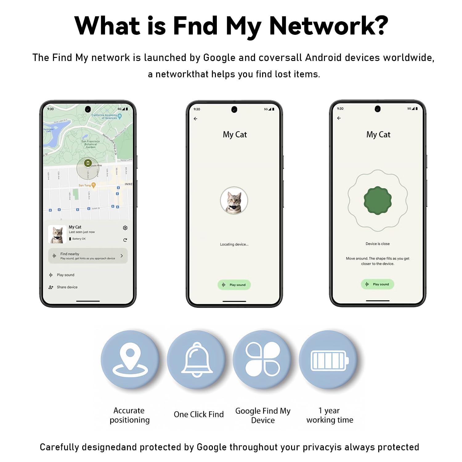Android GPS Cat Tracker Collar Smart Bluetooth Pet Locator Waterproof Google Find My Device Compatible