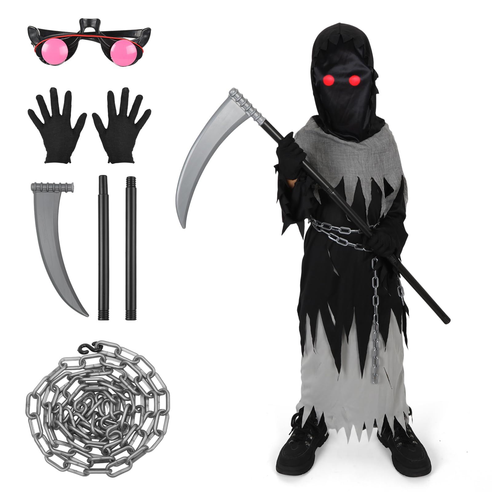 Kids Grim Reaper Halloween Costume – Glowing Red Eyes, Hooded Robe & Scythe Set ☠️👁️