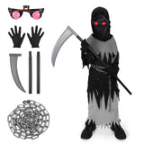 Kids Grim Reaper Halloween Costume – Glowing Red Eyes, Hooded Robe & Scythe Set ☠️👁️