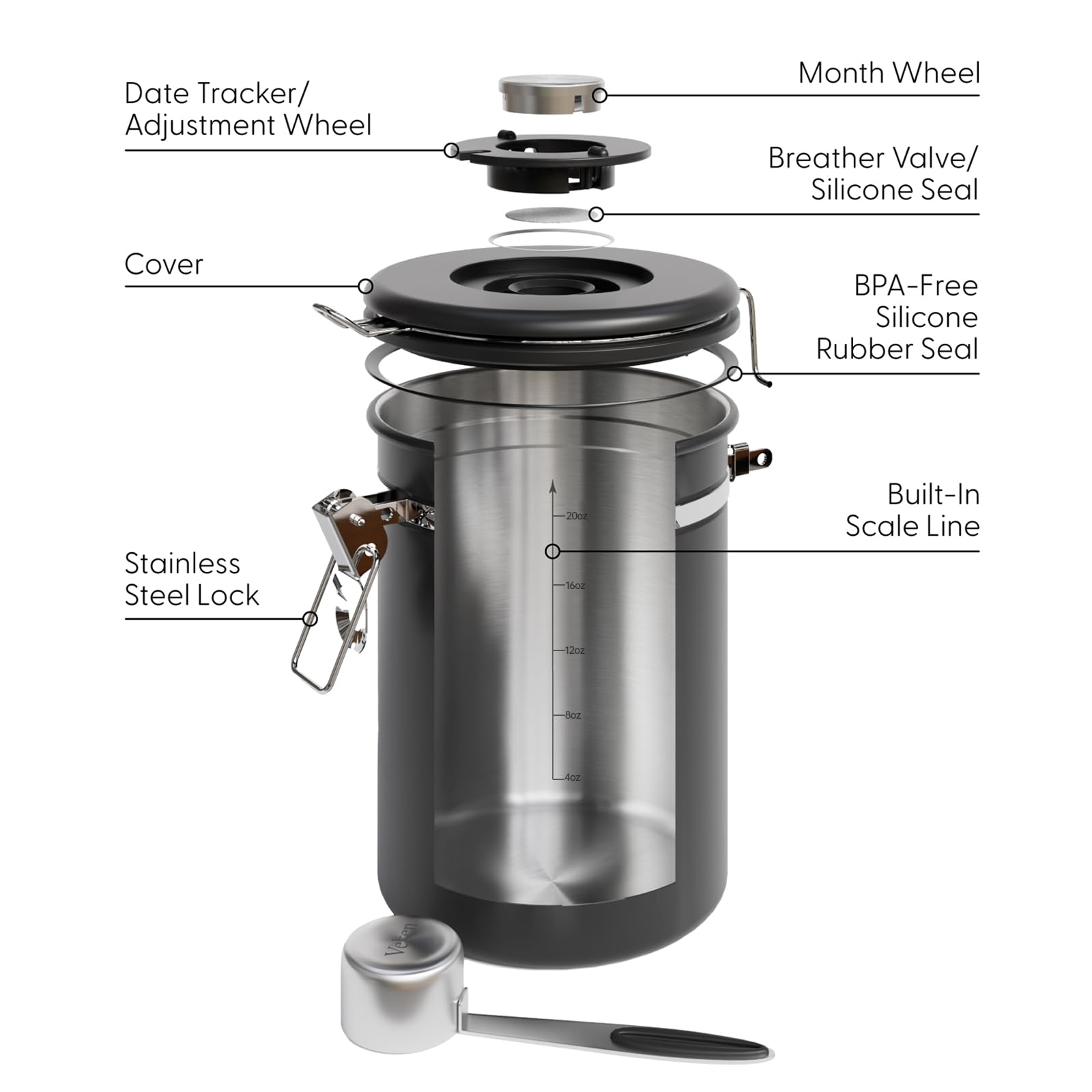 Stainless Steel Coffee Canister with Date Tracker & CO₂ Valve – Airtight Coffee Bean Storage with Scoop (Black)