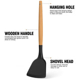 16-Piece Silicone Cooking Utensil Set with Wooden Handles & Holder – Black