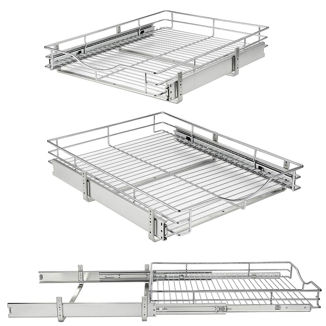 DINDON Narrow Chrome Pull-Out Cabinet Organizer – Single-Tier Heavy-Duty Slide-Out Wire Basket for Compact Cabinets