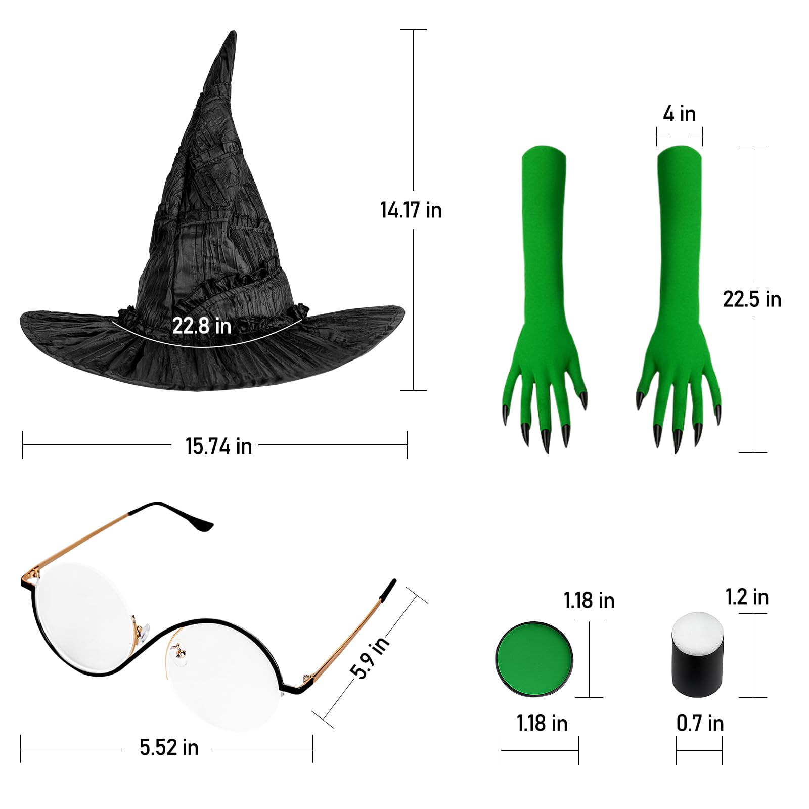 Black & Green Witch Costume Kit (5PCS with Glasses) – Complete Halloween Witch Set with Hat, Gloves, Face Paint & Accessories