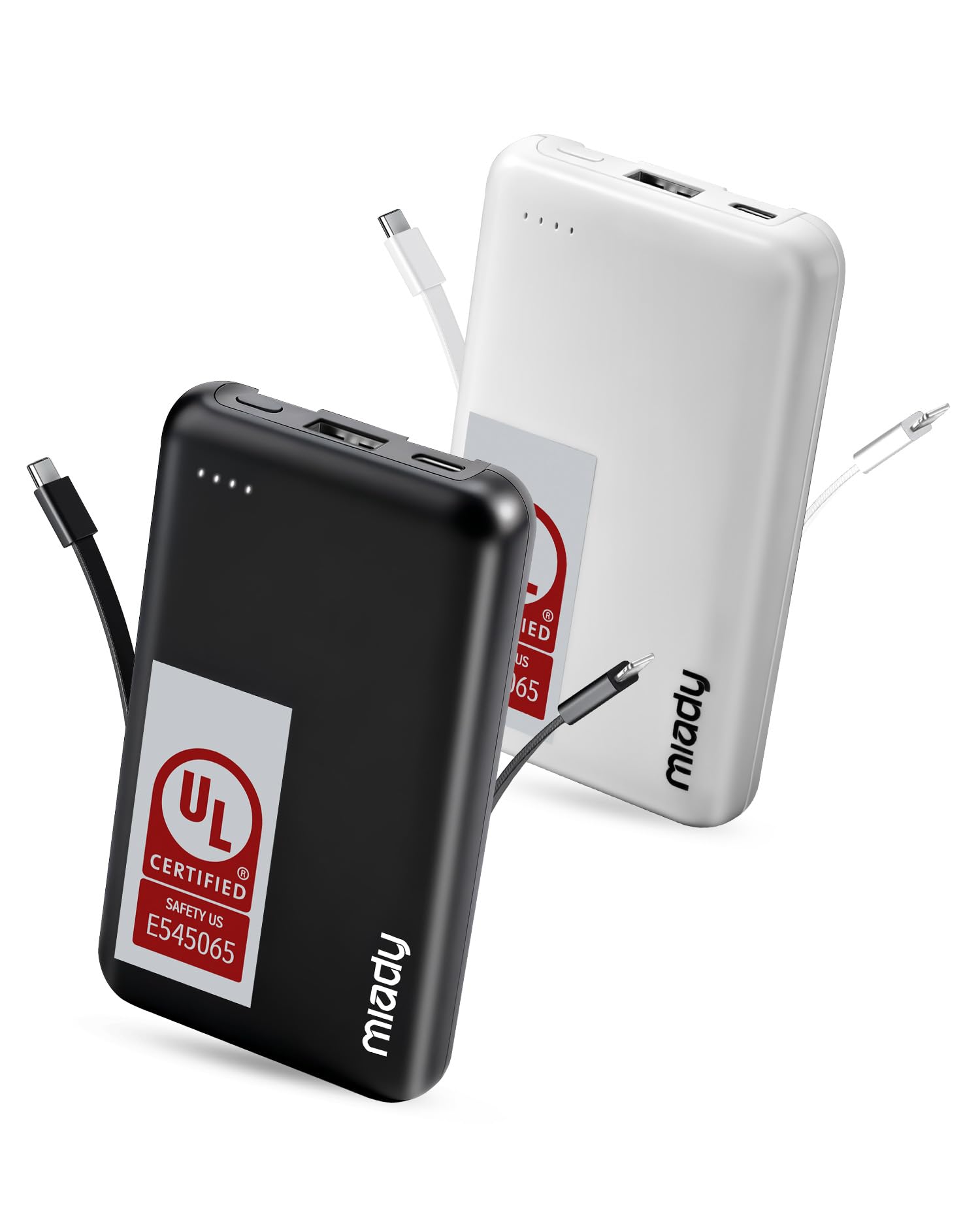 Miady 2-Pack 5000mAh Mini Portable Charger with Built-in Lightning & USB-C Cables, Pocket Power Bank for iPhone, Android & Travel