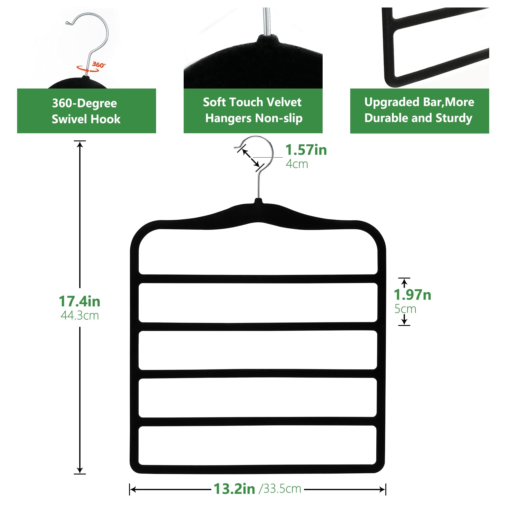 Space-Saving Velvet Pants Hangers (3-Pack) – 5-Tier Non-Slip Closet Organizer for Jeans, Pants, Scarves & Ties (Black)