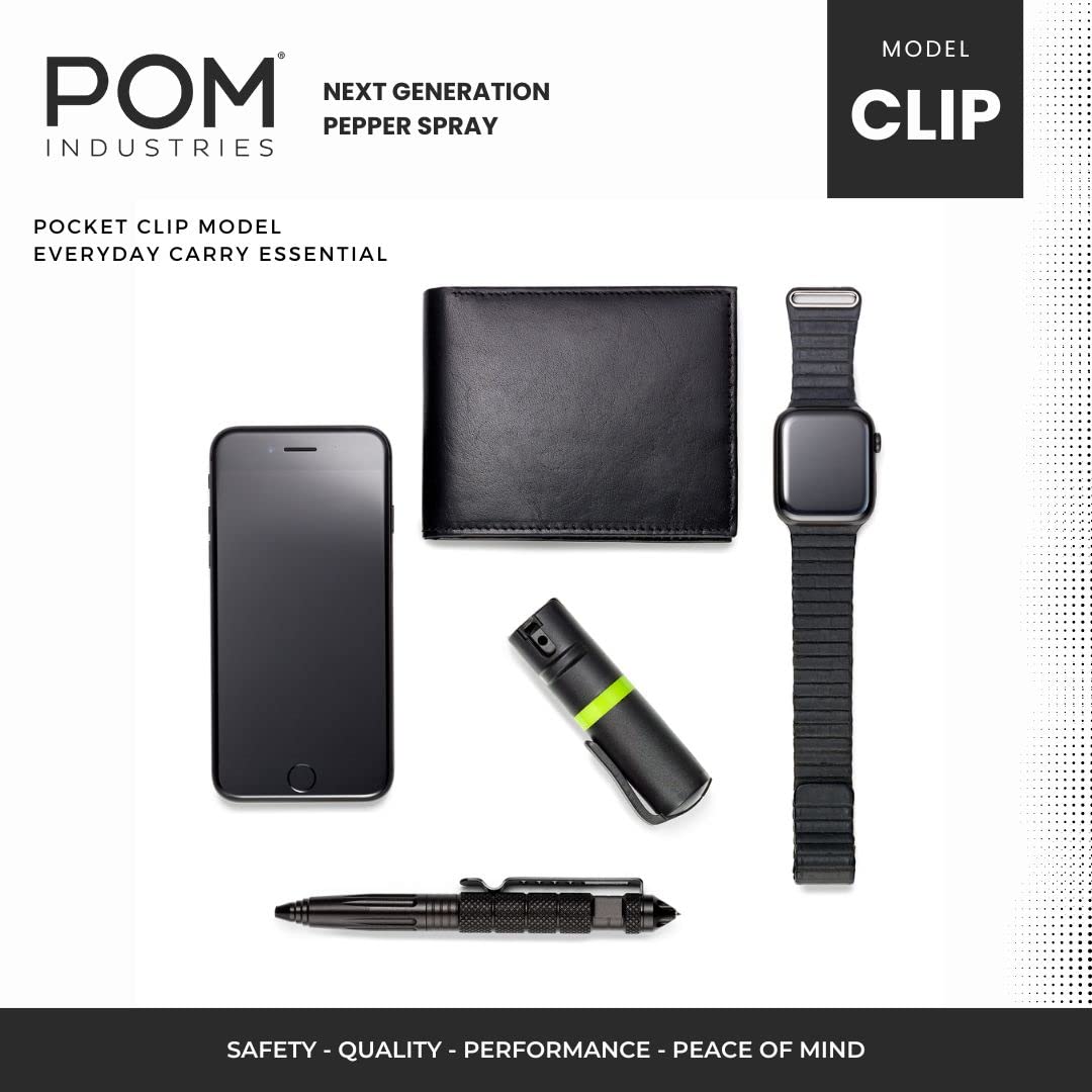 POM Pepper Spray with Pocket Clip – Tactical Flip-Top OC Defense Spray, Compact EDC Design (Black)