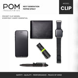 POM Pepper Spray with Pocket Clip – Tactical Flip-Top OC Defense Spray, Compact EDC Design (Black)